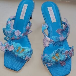 Blue Floral Butterfly Embroidered Sandal Mule Heels